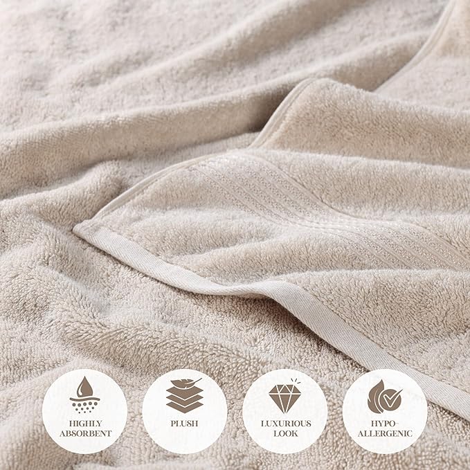 Superior Egyptian Cotton Bath Towel Set, Towels for Home Bathroom, Master, Guest Bath, Decor Essentials, Quick Dry, Absorbent, Large Body Towels, Spa, Hotel, Resort, Adult, Kids, Set of 4, Stone