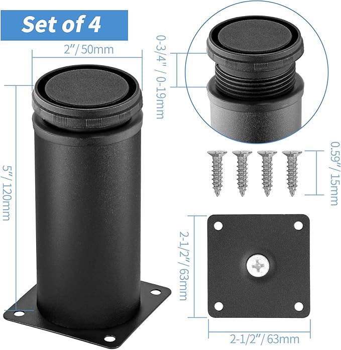 5 Inch Metal Furniture Legs Stainless Steel Adjustable Legs Black Metal Legs Round Cabinet Legs for Coffee Table Cabinet Desk Sofa Shelves, Pack of 4