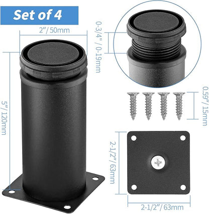 5 Inch Metal Furniture Legs Stainless Steel Adjustable Legs Black Metal Legs Round Cabinet Legs for Coffee Table Cabinet Desk Sofa Shelves, Pack of 4