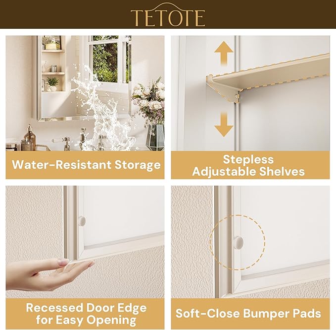 TETOTE 48 x 32 Medicine Cabinet with Tempered Beveled Mirror Silver Vanity Mirror with Storage Aluminum Cabinet DTC Hinges, Stepless Adjustable Shelves, Recessed/Surface-Mounted