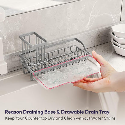 SWTYMIKI Sink Caddy Sponge Holder - Kitchen Sink Organizer with High Brush Holder for Countertop to Hold Dish Soaps and Sponges, Stainless Steel, Gray