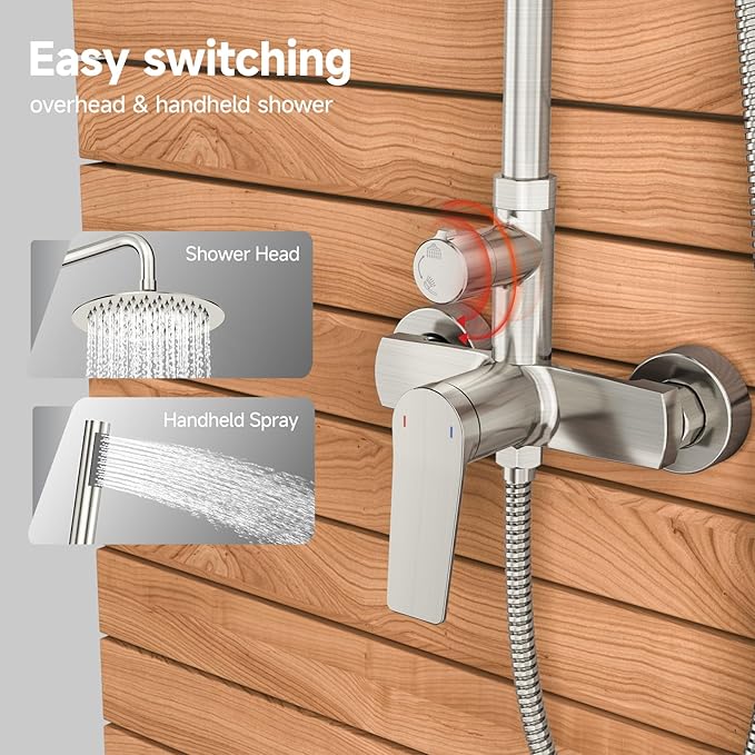 Rainsworth Outdoor Shower Kit Brushed Nickel - Single Handle Brass Valve, 8 Inch Rain Shower Head and Handheld Spray Shower Fixture Combo, 304 Stainless Steel Wall Mount