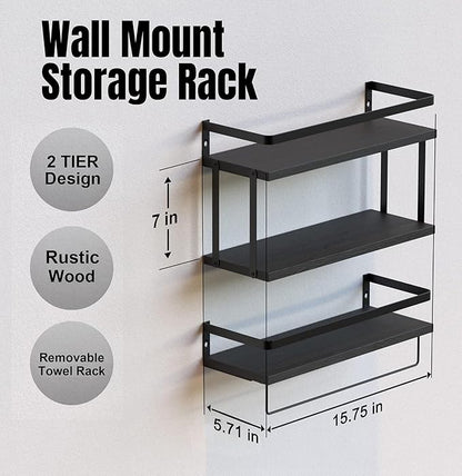 RICHER HOUSE 2+1 Tier Wall Mounted Floating Shelves Set of 2, Rustic Wood Wall Shelf with Metal Frame, Extra Storage Rack for Bathroom, Kitchen, Bedroom with Tissue Rack & Towel Bar - Black