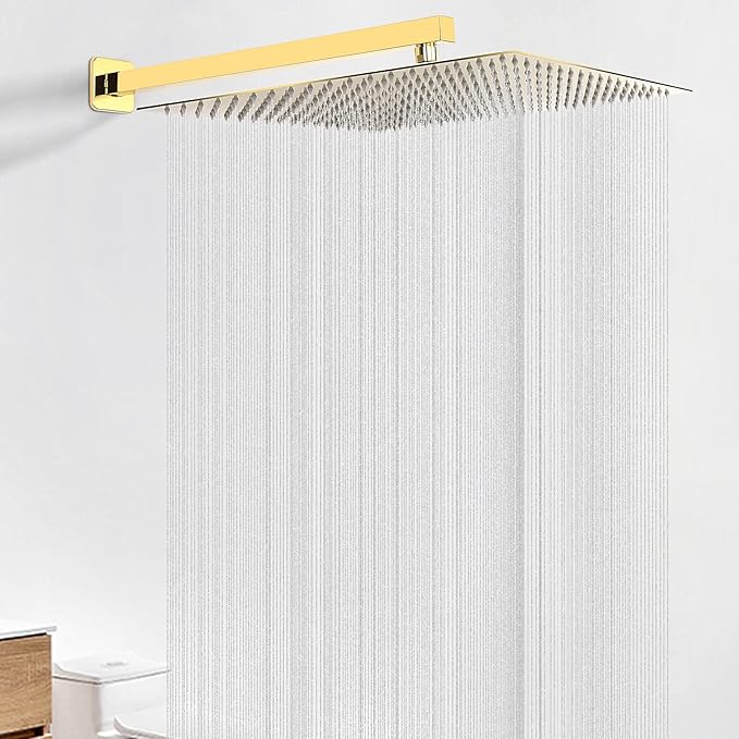 HarJue Shower Arm, Rain Shower Head Extension Extender, With Flange and Teflon Tape, Made of Thicken Stainless Steel for Bathroom Rainfall Shower (20 Inch, Chrome Gold）