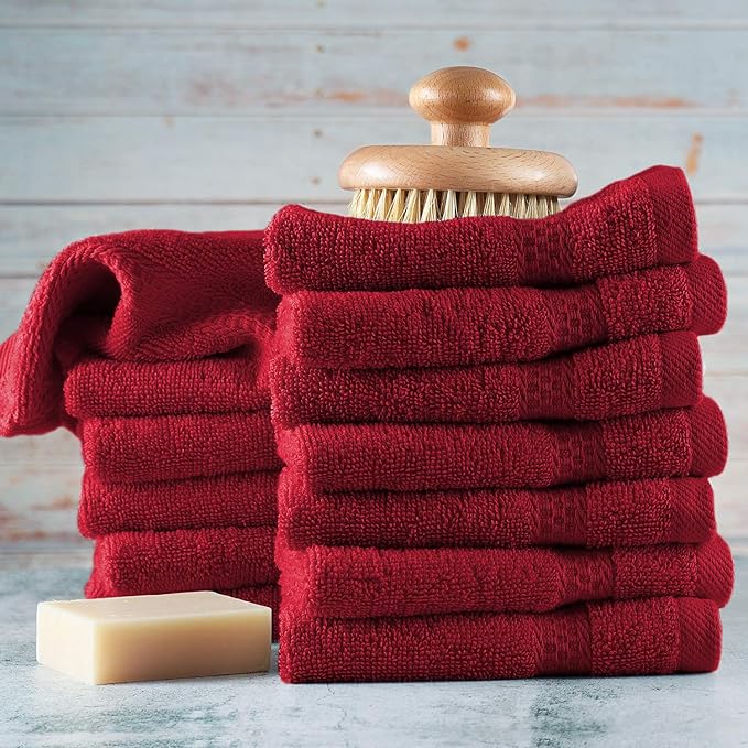 Hearth & Harbor Washcloths 12 Pack - 100% Cotton Washcloth for Body and face, High Absorbent and Soft 13"x13" Body Wash Cloth, Quick Dry - Red Washcloths