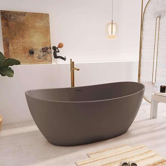 65" Premium Solid Surface Freestanding Bathtub, Contemporary Design Stand Alone Stone Resin Tub with Overflow and Pop-up Drain, Grey Coffee