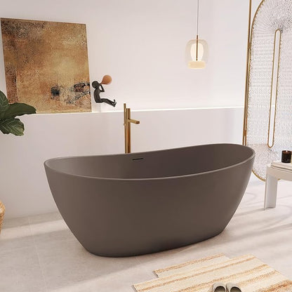65" Premium Solid Surface Freestanding Bathtub, Contemporary Design Stand Alone Stone Resin Tub with Overflow and Pop-up Drain, Grey Coffee