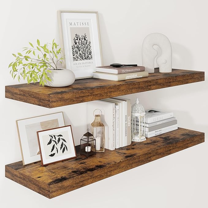 Vivelove 12" Deep Floating Shelves for Wall 36" Long, Wall Shelves for Bedroom Living Room Bathroom Kitchen Laundry Room, Farmhouse Rustic Shelves for Home Decor, 36" X 12" X 2" Set Of 2, Rustic Brown