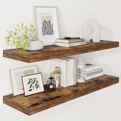 Vivelove 12" Deep Floating Shelves for Wall 36" Long, Wall Shelves for Bedroom Living Room Bathroom Kitchen Laundry Room, Farmhouse Rustic Shelves for Home Decor, 36" X 12" X 2" Set Of 2, Rustic Brown