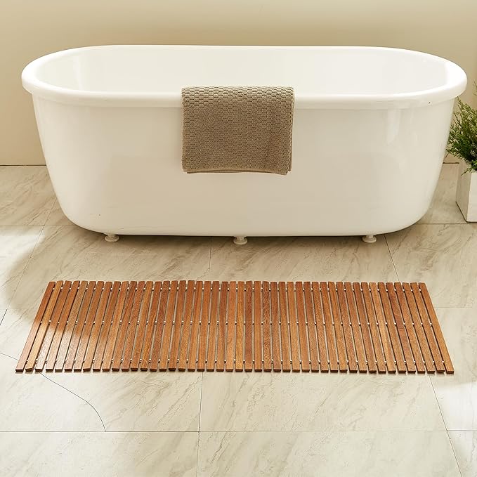 Teak String Shower Mat,Wood Non Slip Bath Mats for Bathroom, Quick Dry Bath Tub Mat for Spa, Sauna, Pool, Hot Tub Flooring Decor and Protector(19.69" W x 46.46" L)