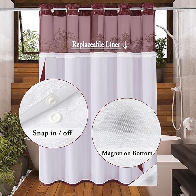 Gibelle No Hook Waffle Weave Shower Curtain with Snap-in Fabric Liner Set for Bathroom, Hotel Style with Mesh Top Window, Waterproof & Washable, Burgundy, 72x74