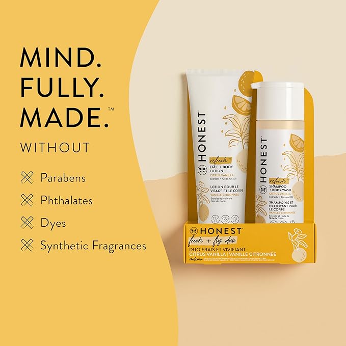 The Honest Company 2-in-1 Cleansing Shampoo and Body Wash Face Lotion Bundle Gentle for Baby Naturally Derived Citrus Vanilla Refresh 18.5 fl oz