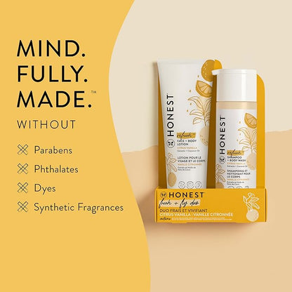 The Honest Company 2-in-1 Cleansing Shampoo and Body Wash Face Lotion Bundle Gentle for Baby Naturally Derived Citrus Vanilla Refresh 18.5 fl oz