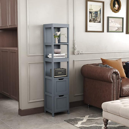 HOMEFORT Bathroom Storage Cabinet, Slim Tall Cabinet, Narrow Floor Cabinet Organizer, Wooden Linen Tower with 2 Drawers and 3 Shelves, Freestanding Storage Cupboard Grey