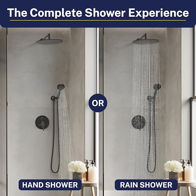 HammerHead Solid Metal Rain Shower System Set with Handheld and 10" Rainfall Head, Shower Valve and Trim Kit, 2-Handle Shower Faucet Set with 2 Way Diverter Body – Matte Black
