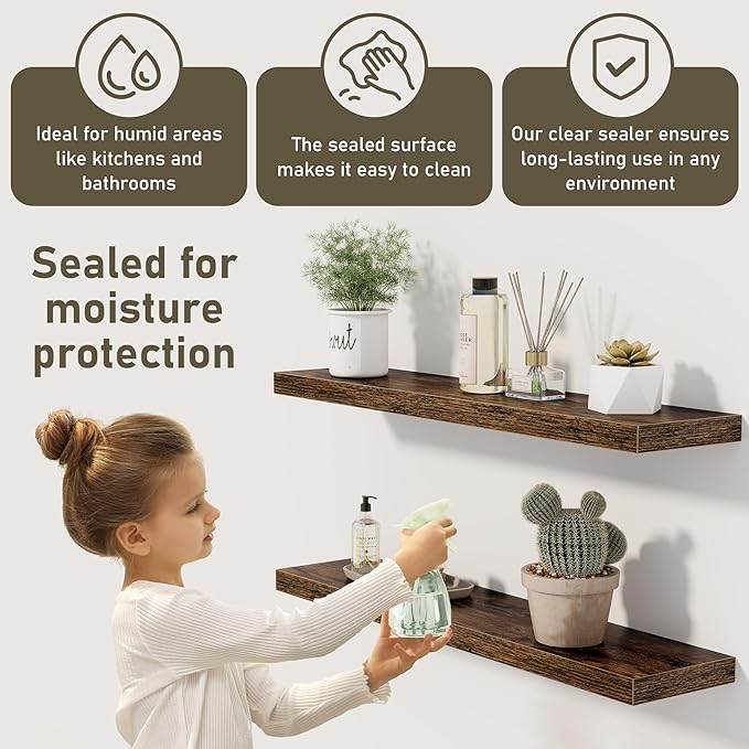 Fun Memories 36 x 8 Inch Floating Shelves for Wall, Farmhouse Bathroom Shelves Set of 2, Wood Wall Shelves 36 Inch Long, 36 x 8 x 1.4 Inch, Rustic Brown