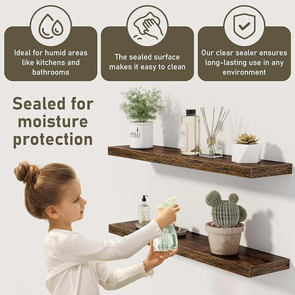 Fun Memories 36 x 8 Inch Floating Shelves for Wall, Farmhouse Bathroom Shelves Set of 2, Wood Wall Shelves 36 Inch Long, 36 x 8 x 1.4 Inch, Rustic Brown