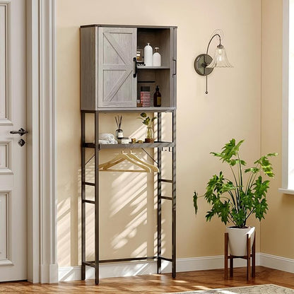 Over The Toilet Storage Cabinet, Bathroom Above Toilet Cabinet Organizer with Doors and Adjustable Shelves, Bathroom Shelf Organizer with Anti-Tip Device & Drain Rack, Grey