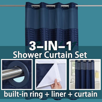 Conbo Mio Stall No Hook Shower Curtain with Snap in Liner Set, Hotel Luxury Navy Blue Shower Curtains for Bathroom with See Through Top Window, Waterproof, Washable 54W x 74H