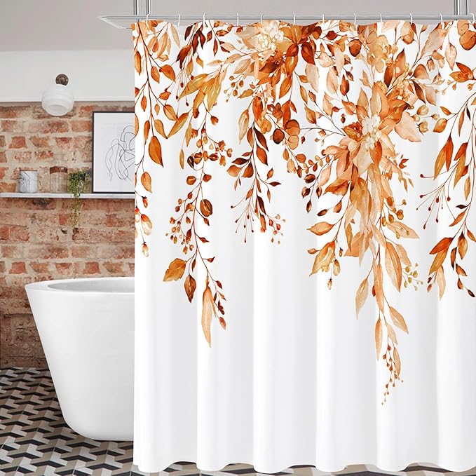 Gibelle Orange Eucalyptus Shower Curtain, Fall Watercolor Plant Leaves with Floral Bathroom Shower Curtain Set, 72x72