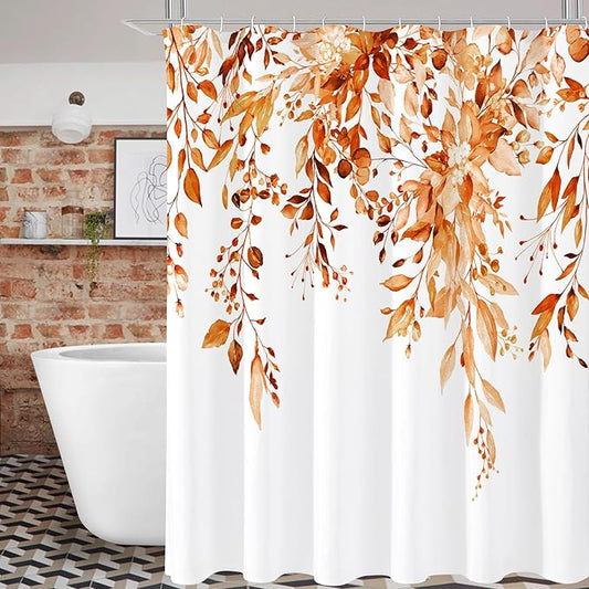 Gibelle Orange Eucalyptus Shower Curtain, Fall Watercolor Plant Leaves with Floral Bathroom Shower Curtain Set, 72x72