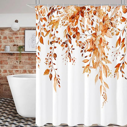 Gibelle Extra Long Shower Curtain 72 x 84, Orange Floral Shower Curtain for Bathroom, Fall Watercolor Plant Eucalyptus Leaves Fabric Shower Curtain Set