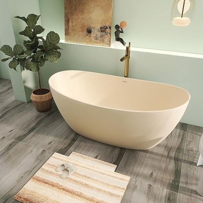 65" Premium Solid Surface Freestanding Bathtub, Modern Cream Design Stone Resin Bath Tub with Overflow and Pop-up Drain, Matte