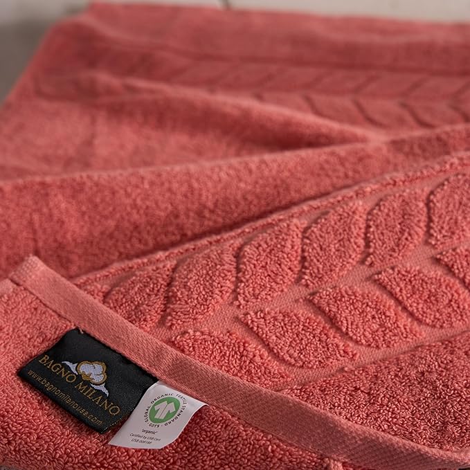BAGNO MILANO Organic Turkish Cotton Bath Towels, Luxury Jacquard Collection, Certified Organic Highly Absorbent, Soft-Plush Towel Set (Coral Red, 6 Pcs Towel Set)