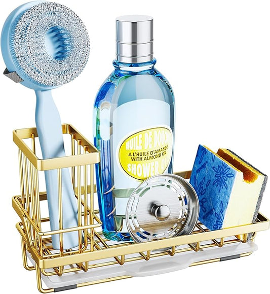SWTYMIKI Sink Caddy Kitchen Sink Organizer with Detachable Brush Holder, Stainless Steel Sponge Holder with Removable Drip Tray Sponge Caddy for Kitchen Countertop, Gold