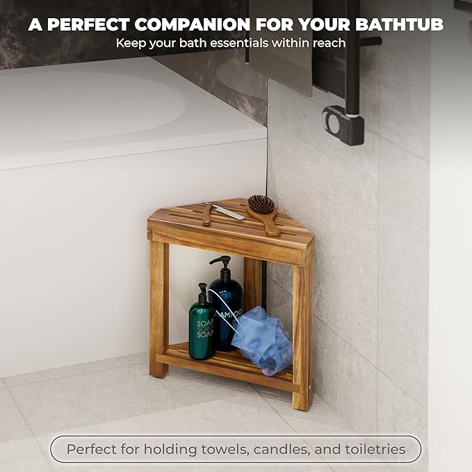 BLUEWEST 16.4" Shower Foot Rest, Corner Shower Stool, Wooden Shower Foot Stool for Shaving Legs Inside Shower, Waterproof Shower Foot Rest with Storage Shelf for Small Shower Space, Shower Seats