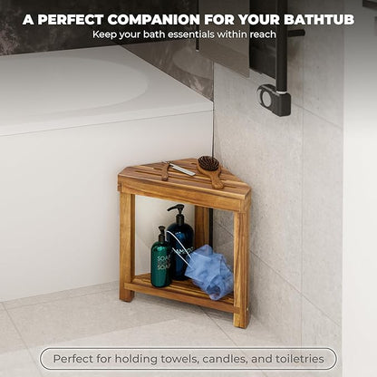 BLUEWEST 16.4" Shower Foot Rest, Corner Shower Stool, Wooden Shower Foot Stool for Shaving Legs Inside Shower, Waterproof Shower Foot Rest with Storage Shelf for Small Shower Space, Shower Seats