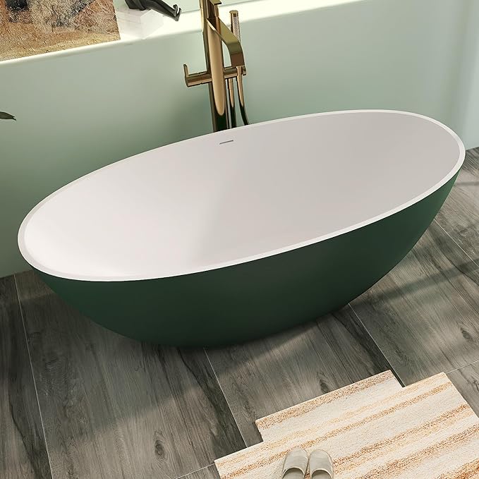65" Premium Solid Surface Freestanding Bathtub, Upgraded Inside White and Outside Green Stone Resin Tub with Overflow and Pop-up Drain, Matte