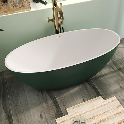 65" Premium Solid Surface Freestanding Bathtub, Upgraded Inside White and Outside Green Stone Resin Tub with Overflow and Pop-up Drain, Matte