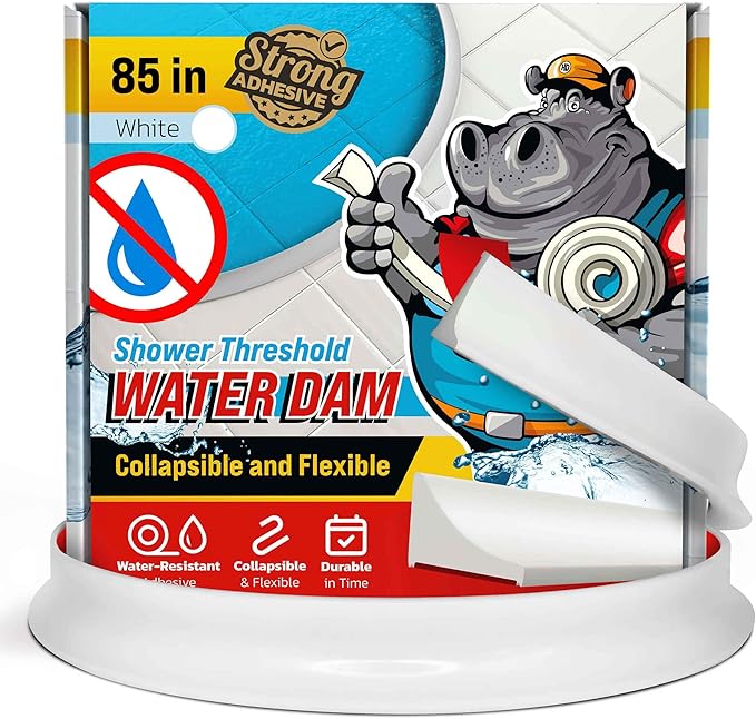 Shower Threshold Water Dam Barrier 85" - White Collapsible Shower Water Blocker - Guard for Walk in Shower - Water Guard Stopper for Floor - Shower Door Water Blocker by Hippo Dam