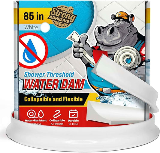 Shower Threshold Water Dam Barrier 85" - White Collapsible Shower Water Blocker - Guard for Walk in Shower - Water Guard Stopper for Floor - Shower Door Water Blocker by Hippo Dam