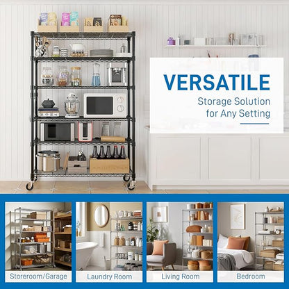 6 Tier Storage Racks Shelving, Heavy Steel Pantry Shelves, Adjustable Wire Shelving Rack with Wheels, Suitable for Garage, Kitchens, Bathroom, Offices, 46" W x 17.7" D x 82" H, Black