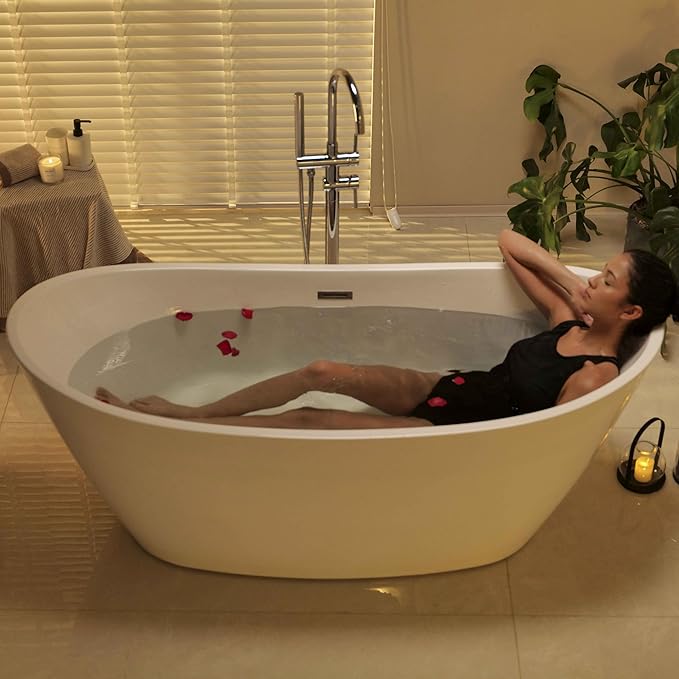 67" Luxury Freestanding Bathtub - Deep Soak Acrylic Tub for Master Bathroom, Modern Standalone Shower Tub with Overflow Drain, Non-Slip Flat Bottom Design, Spa Experience at Home,cUPC Certified