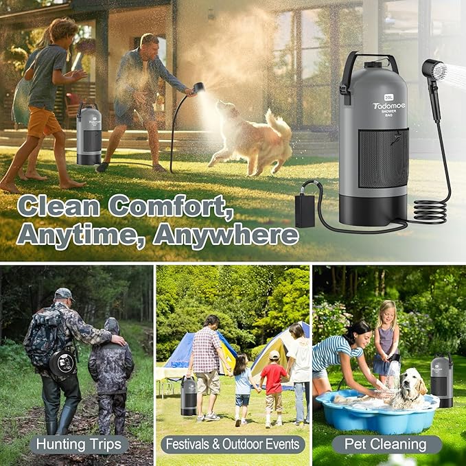 Portable Shower for Camping, 5 Gal/20 L Solar Heating Camping Shower Bag with Shower Pump, Portable Shower Head, Essential for Camping,Festivals, Overlanding, Beach Trips