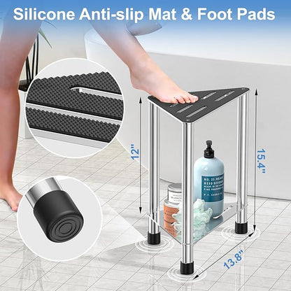 Stainless Steel Shower Stool for Inside Shower, 15.4'' H Shower Foot Rest, Corner Shower Stool with Storage Shelf, Shower Step for Shaving Legs, Bathroom Corner Shower Bench, Silver