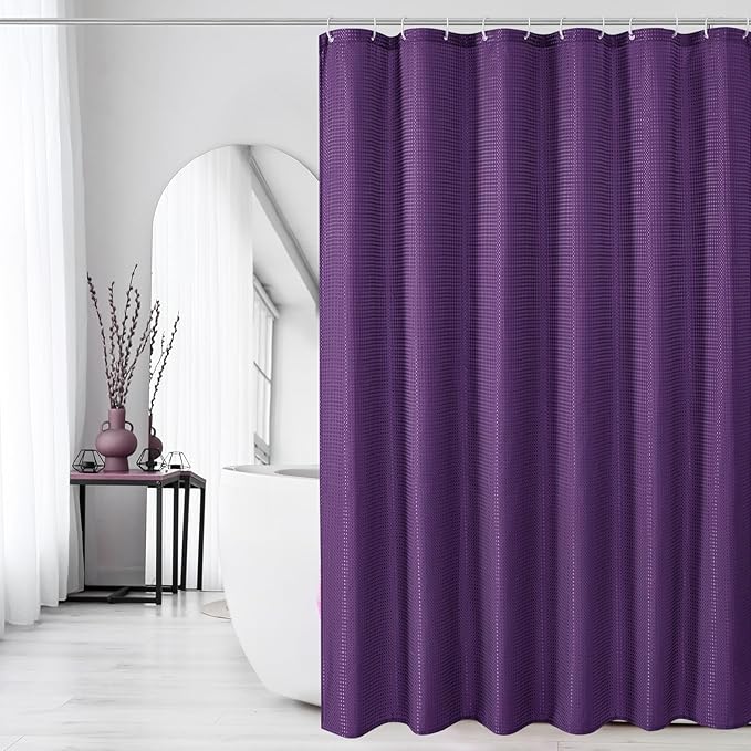 Gibelle Long Shower Curtain 72 x 78, Tall Waffle Weave Textured Fabric Shower Curtain for Bathroom, Water Repellent, Machine Washable, Purple