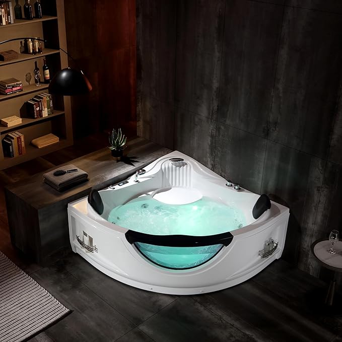 Empava 2 Person Whirlpool Bathtub,Corner Jetted Bathtub with Heater,Corner Jetted Tub with Light,Spa Bath tub with 10 Jets,Hydro Massage Tub with Chromatherapy,ETL Certified