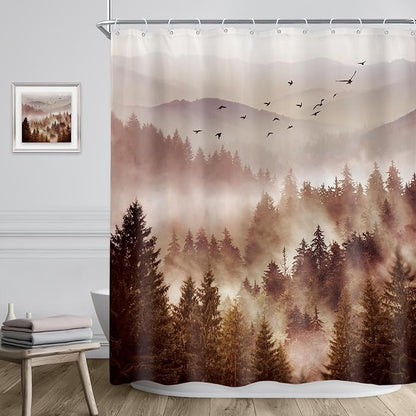 Riyidecor Foggy Mountain Shower Curtain 60Wx72H Inch Abstract Woodland Misty Nature Scenery National Park Scene Rustic Tree Landscape Natural Bathroom Decor Fabric Polyester Waterproof 12 Pack Hooks