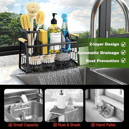 Housolution Sponge Holder for Kitchen Sink, 2-Tier Sink Caddy Organizer with Flexible High Brush Holder, Kitchen Countertop Storage Accessories, Soap Dispenser Organizer, Rustproof