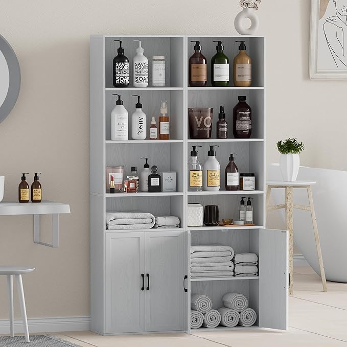 Tall Bathroom Storage Cabinet, Bathroom Floor Cabinet with Wide 4 Tier Shelf, Storage Unit for Living Room, Entryway, Kitchen (Embossed White, 2 PCS)