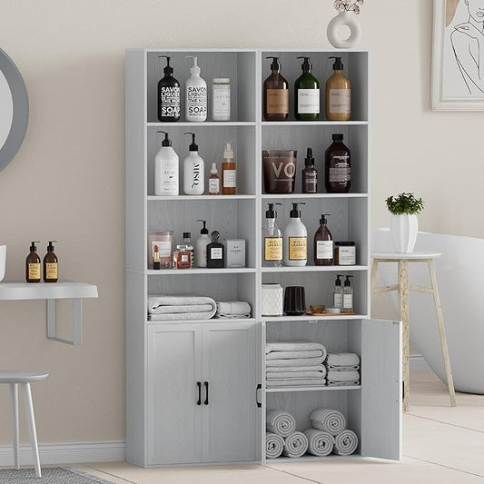 Tall Bathroom Storage Cabinet, Bathroom Floor Cabinet with Wide 4 Tier Shelf, Storage Unit for Living Room, Entryway, Kitchen (Embossed White, 2 PCS)
