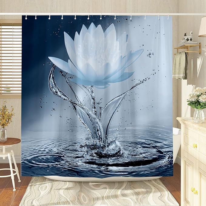 Lotus Shower Curtain Blue Flower Elegant Blooming Floral with Dew Spring Flower Reflection on Water Modern Romantic Polyester Fabric Bathroom Decor 70×84 Inch with Hook