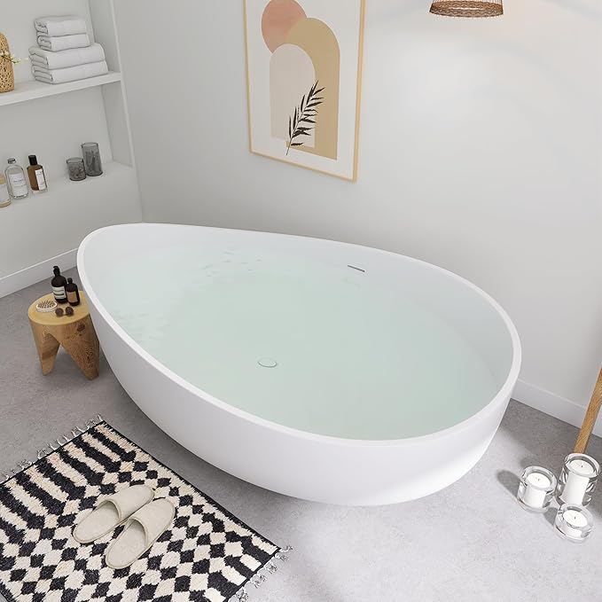 SJ STAR&JANE 71" Solid Surface Freestanding Bathtub, Oval Soaking Stone Resin Tub Couple Tub with Overflow and Pop-up Drain for Modern Bathrooms
