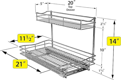 LYNK PROFESSIONAL® Pull Out Under Sink Kitchen Cabinet Organizer - 11.5 in. x 21 inch deep Drawer - Sliding Shelf Organizer for Cabinets and Undersink Storage Shelves - Lifetime Ltd. Warranty – Chrome