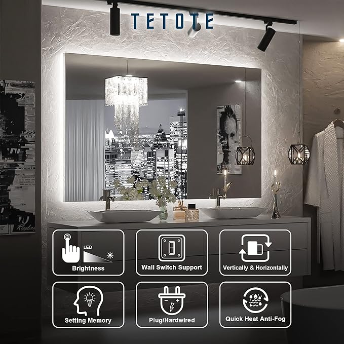 TETOTE 48 x 30 LED Backlit Bathroom Mirror with Light,3Color White/Warm/Natural,Anti-Fog Lighted Mirror,Dimmable,Vanity Mirror,Wall Mounted