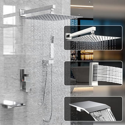 Rain Shower System 12 inch Shower Faucet Set with Tub Spout,Bathroom Wall Mounted Waterfall Shower Head Faucet Sets Complete with Handheld Spray,Rough-in Valve Body and Trim kit,Chrome Polished